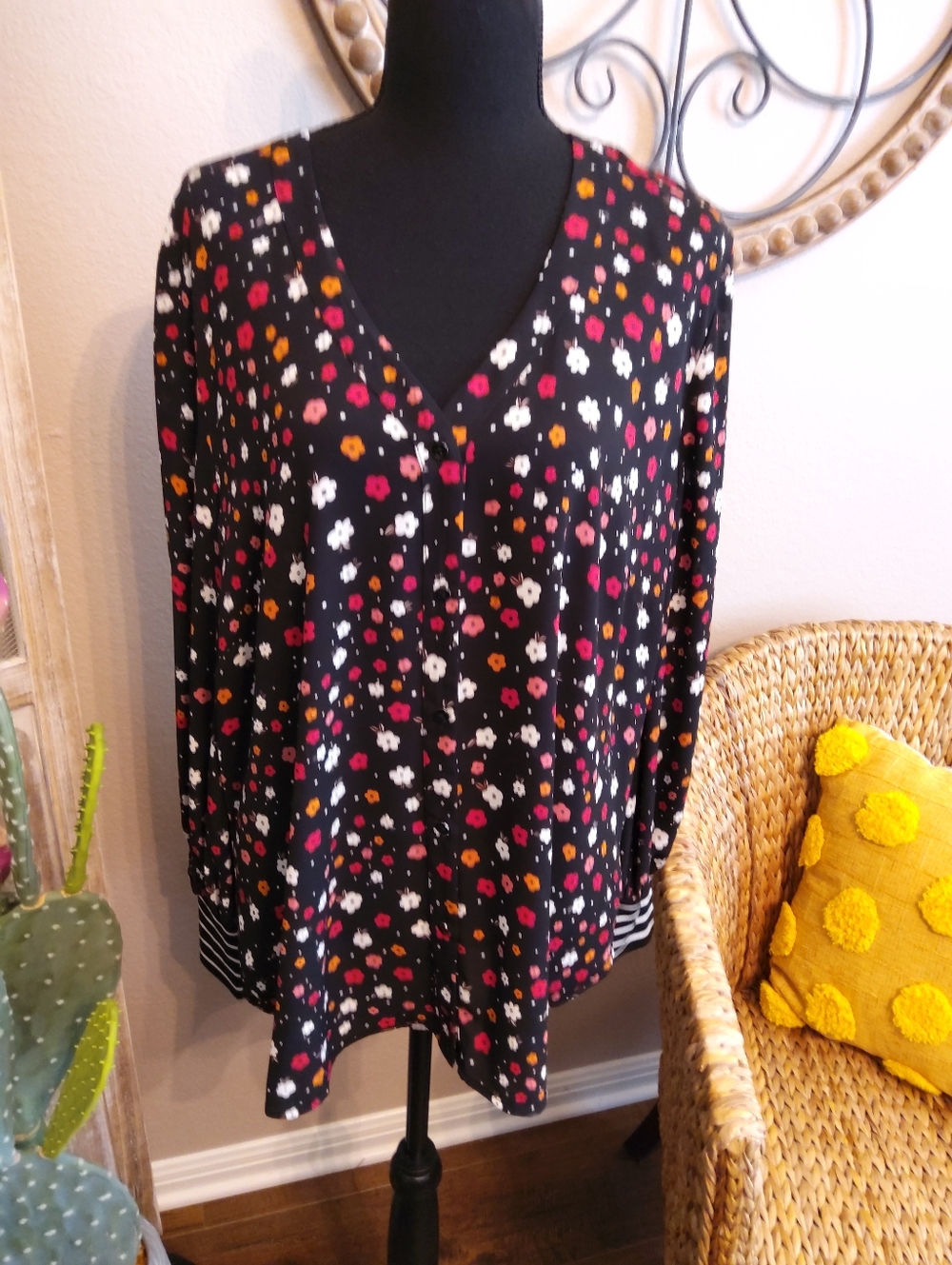 CAbi Black Floral V-Neck Tunic with Pink, Orange & White Accents